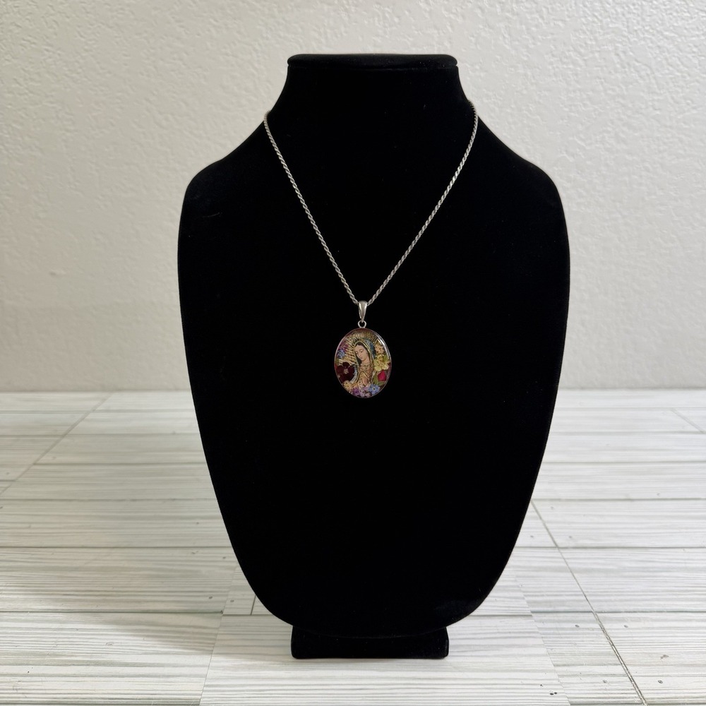 Vintage Mexico Our Lady Of Guadalupe Pendant 925 Silver W/ 925 18" Chain